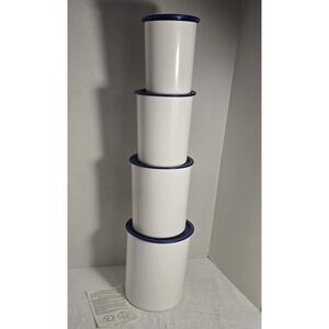 Tupperware One Touch Reminder 4 piece white canister Set Blue Tight Lids